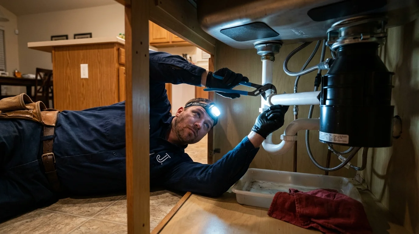 P-trap and supply line connections under a kitchen sink showing a common leak point in Lebanon, PA
